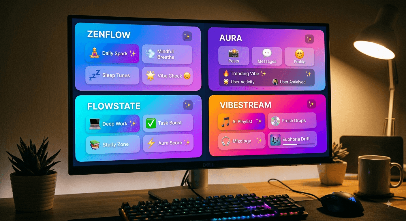 A widescreen monitor on a wooden desk showing four near-identical app dashboards side by side - Zenflow, Aura, Flowstate and Vibestream - each a purple-to-pink gradient grid of rounded cards with sparkle icons and emoji buttons, a desk lamp, potted plants, a backlit keyboard and a mug around it.