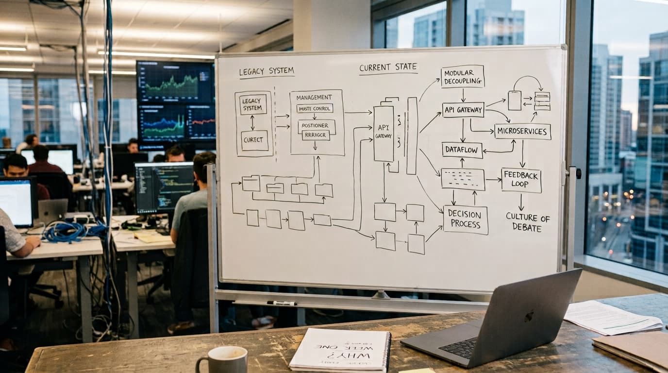 A whiteboard in an open-plan office covered in a hand-drawn architecture diagram, a legacy system boxed off on the left and the current state sprawling to the right through an API gateway, microservices, a decision process and a feedback loop, with a laptop and notebook on the table in front of it and developers at their monitors behind.
