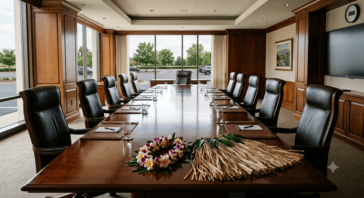 An empty executive boardroom with a long polished wood table and high-backed black leather chairs, a floral lei and a grass skirt laid across the table, tall windows looking onto a parking lot beyond.