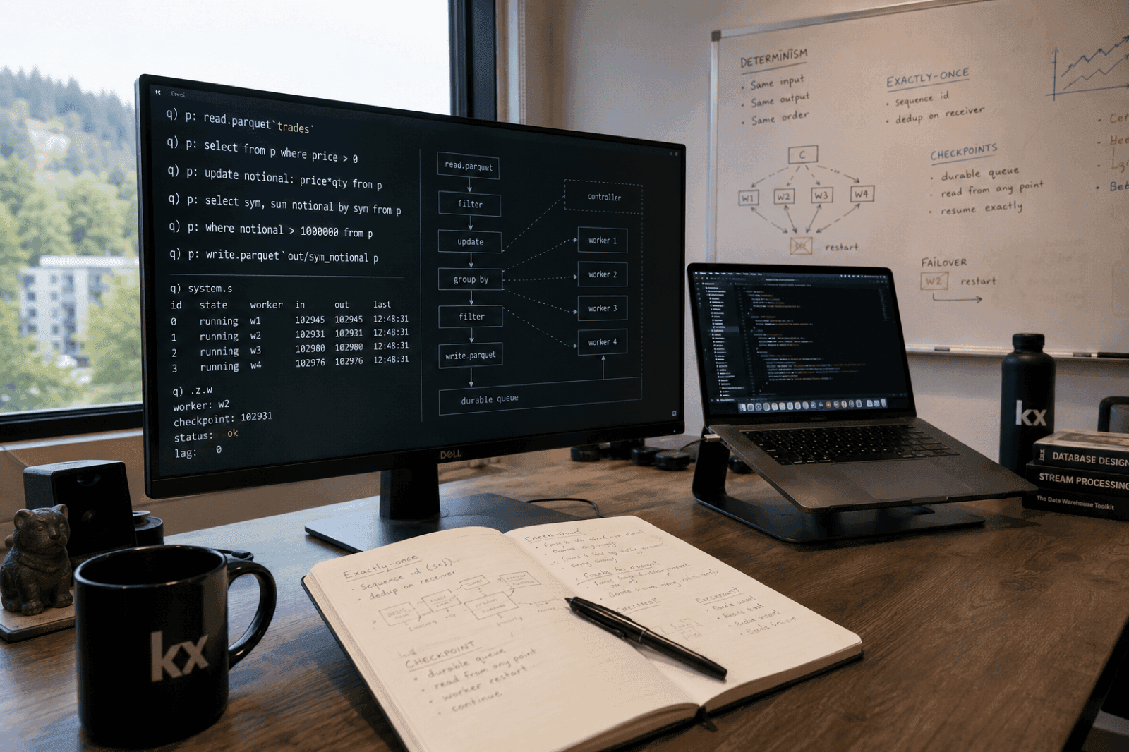 A desk by a window with a monitor showing q stream-processor code beside a pipeline diagram, a whiteboard behind it sketching determinism, exactly-once, checkpoints and failure recovery, an open notebook, and a KX-branded mug and book.