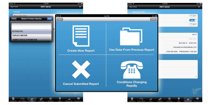 Screenshots of the Eagle SNAP iPad app: a runway condition report form and its report-type menu.