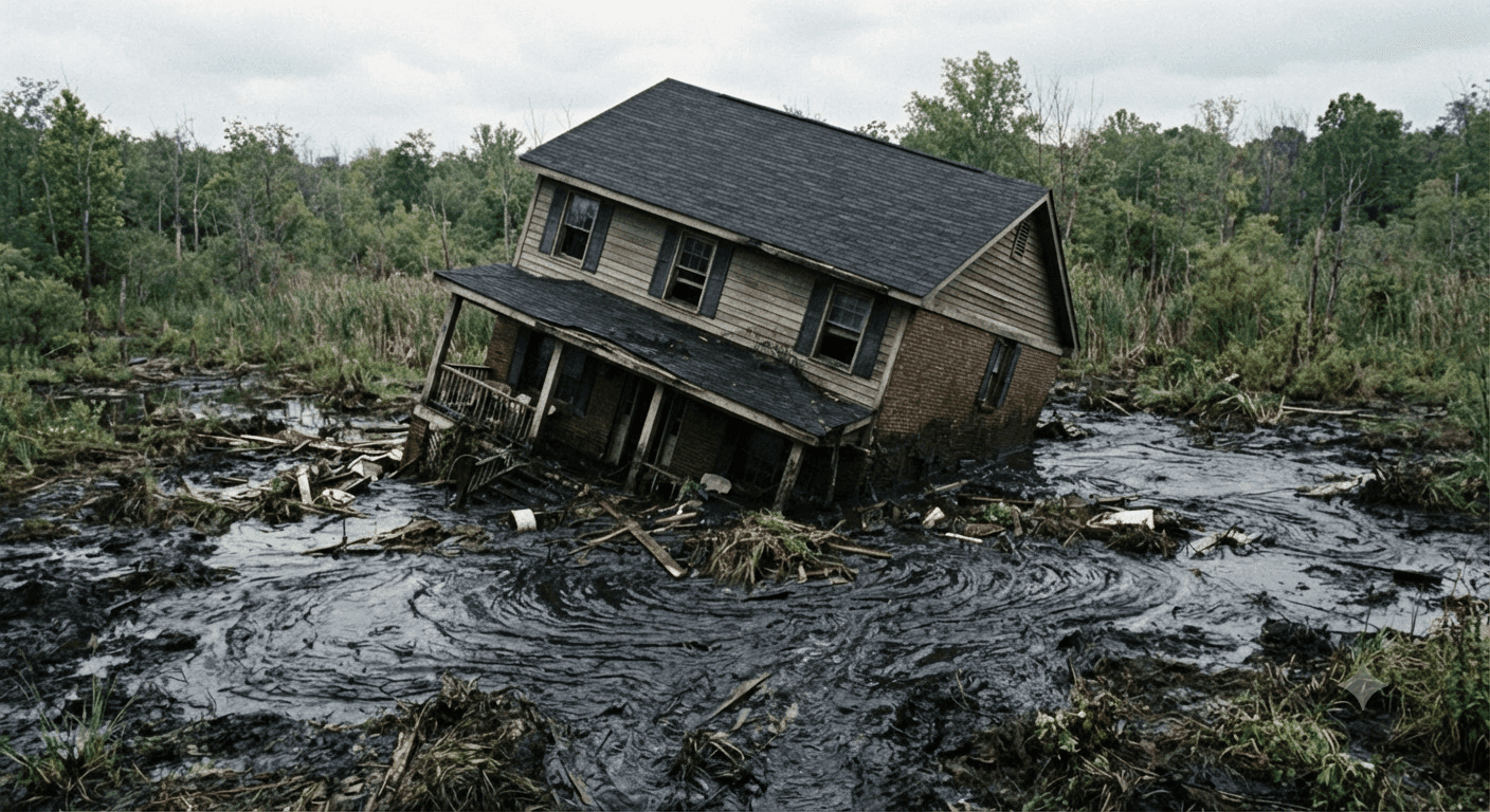 A two-storey house sinking and buckling into a swirling pool of black quicksand, surrounded by scattered debris and swampland.