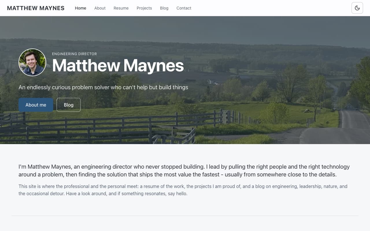 The matthewmaynes.com home page: a hero with a headshot over a rural Ontario landscape.