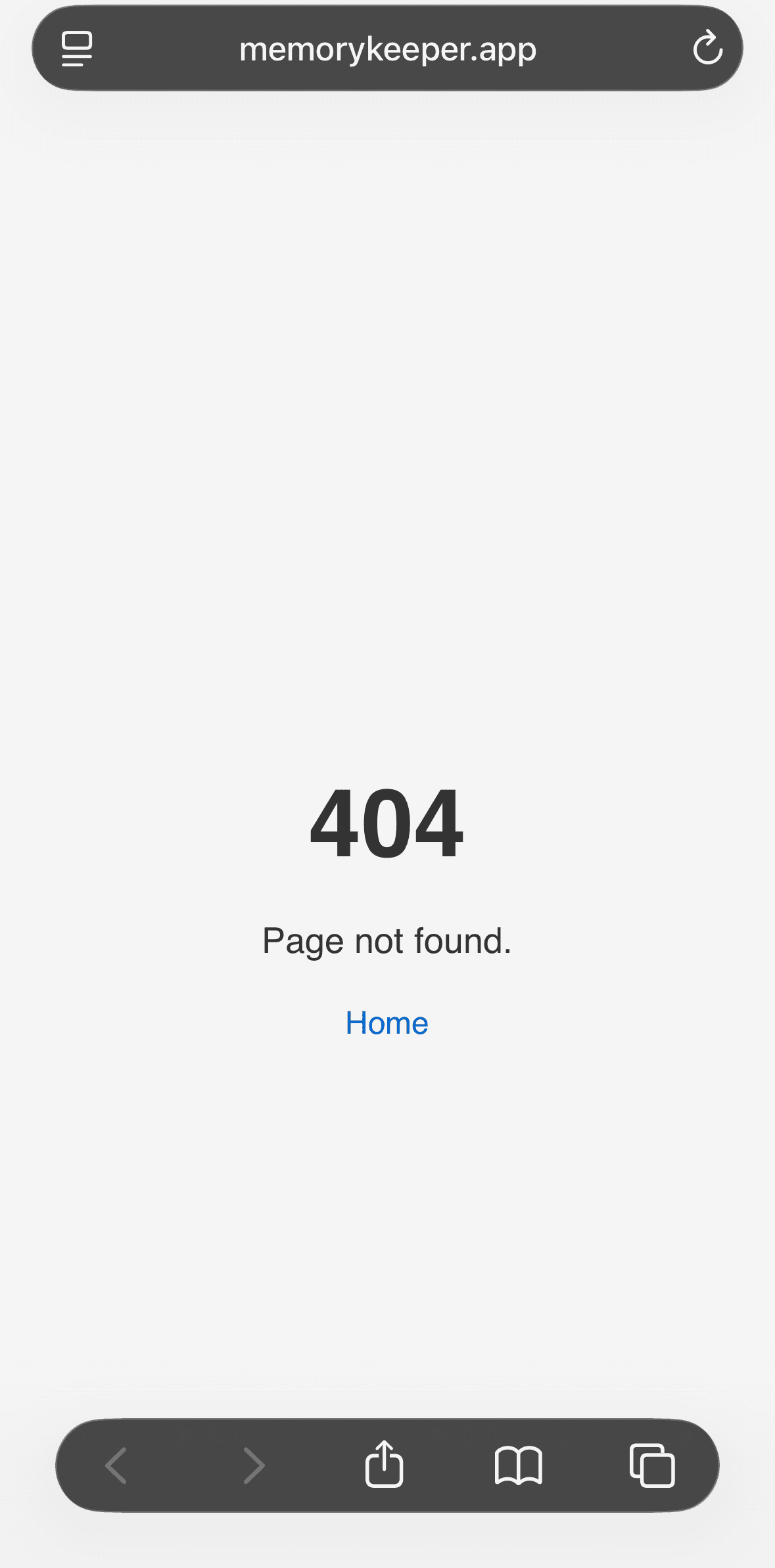 A mobile Safari window at memorykeeper.app showing a bare '404 - Page not found.' error with a single Home link, reached by tapping the app's data policy button.
