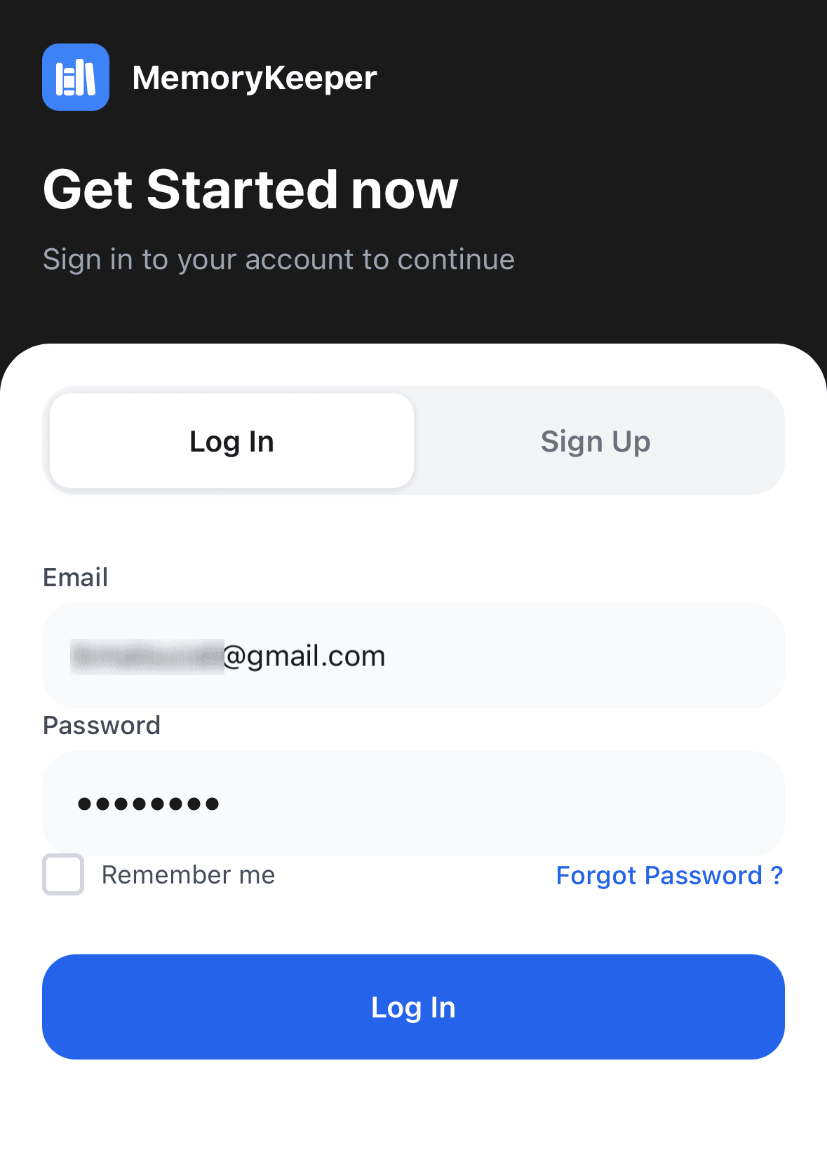 The MemoryKeeper app's 'Get Started now' login screen with Log In and Sign Up tabs, an email field pre-filled with a blurred-out address, an empty password field, and a blue Log In button.
