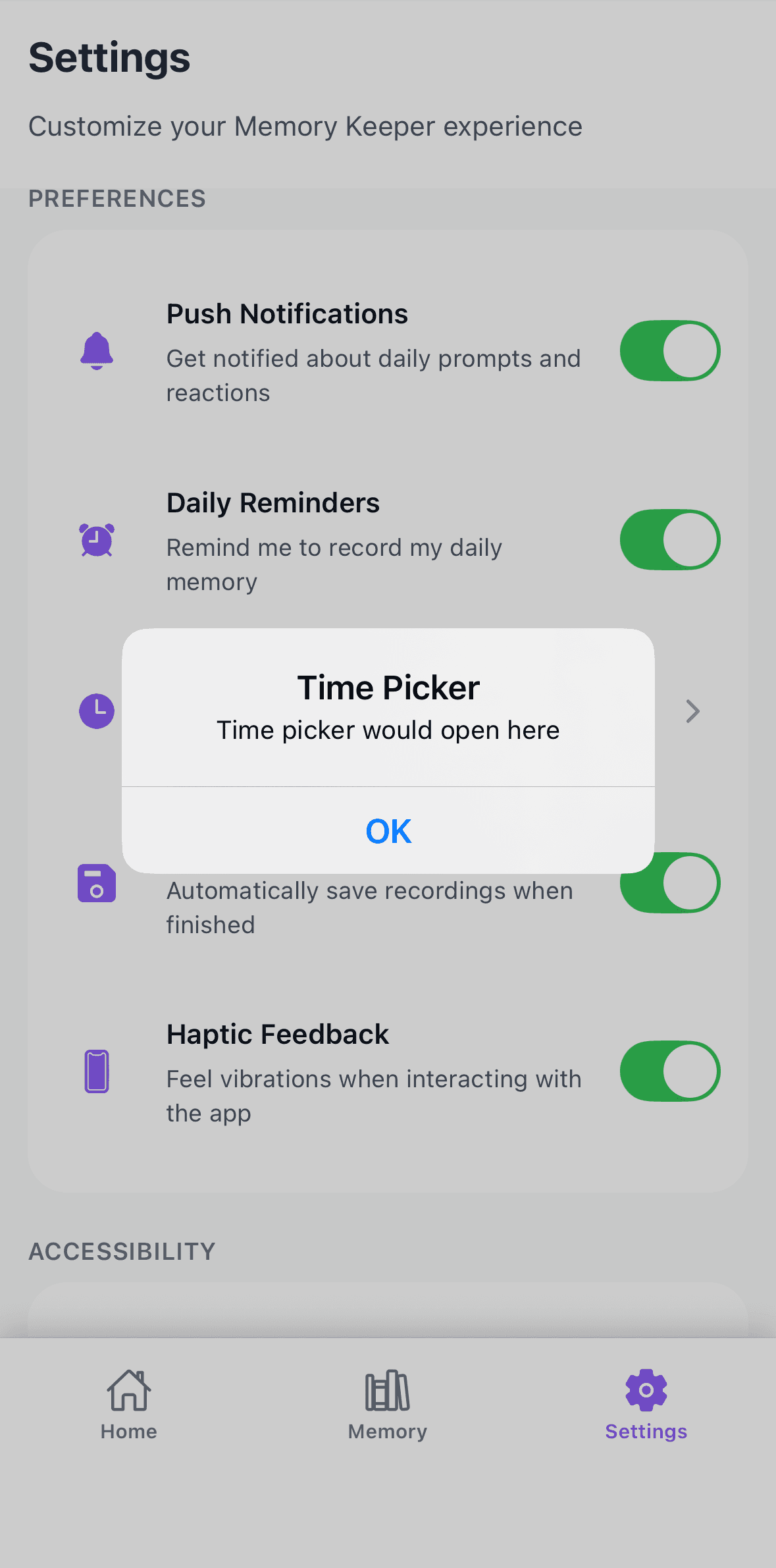 The MemoryKeeper settings screen with toggles for push notifications, daily reminders and haptic feedback, overlaid by a placeholder dialog reading 'Time Picker - Time picker would open here' with an OK button.