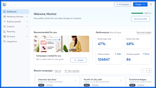 The Rise marketing dashboard in Constant Contact: a welcome screen with campaign performance metrics.