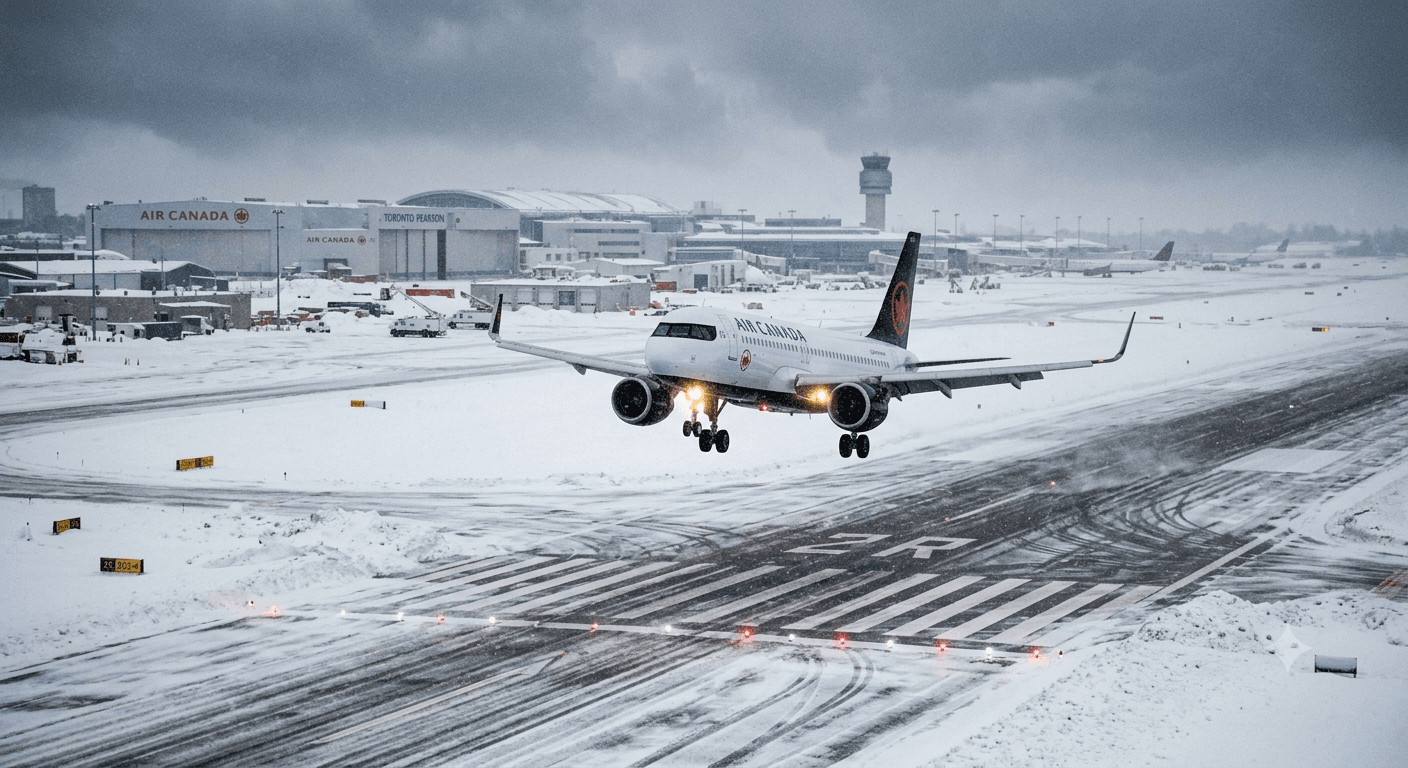 An airliner on final approach to a snow-covered runway under a heavy grey sky, an airport terminal behind it.